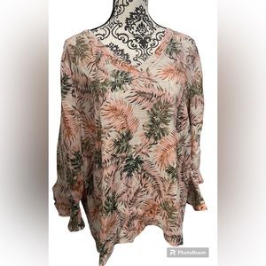 J. Jill Pink Tropical Leaf V-Neck Blouse